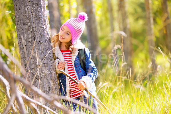 Stock photo: Hiking kid girl with backpack in autum poplar forest