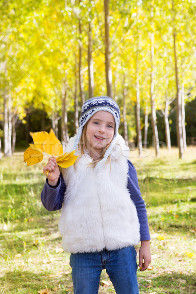 Stock photo: Child girl in autumn poplar forest yellow fall leaves in hand