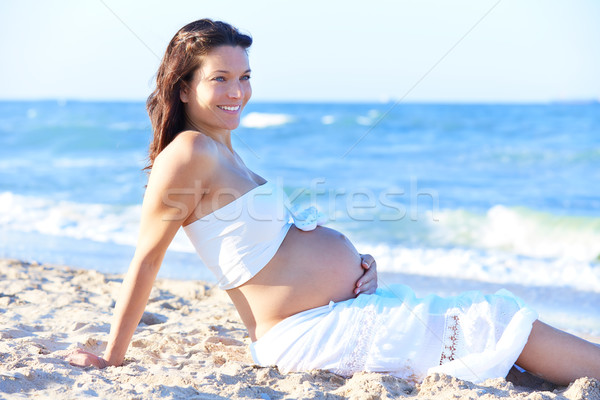 Foto d'archivio: Donna · pancia · madre · spiaggia · famiglia