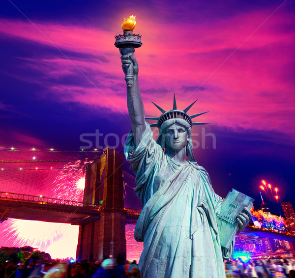 Liberty Statue Brooklyn bridge july 4th fireworks Stock photo © lunamarina