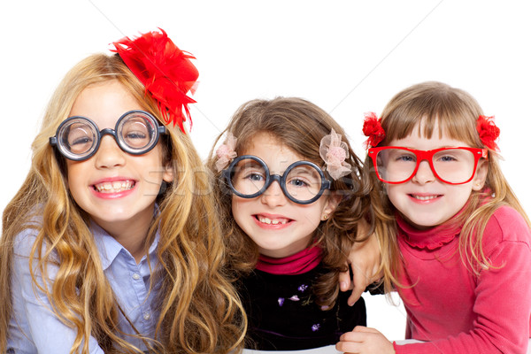 Foto stock: Nerd · crianças · menina · grupo · engraçado · óculos