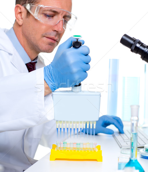 Stock photo: laboratory scientist using a multi channel pipette