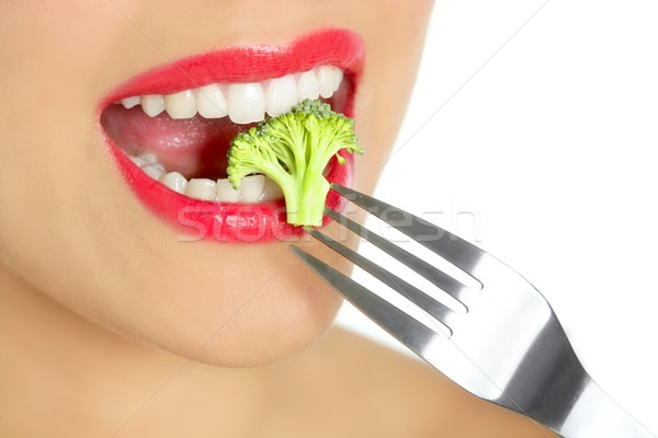 Foto stock: Brócoli · acero · tenedor · mujer · boca · labios · rojos