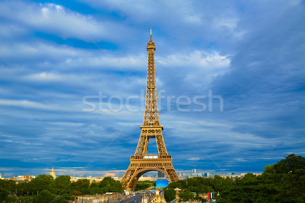 Eiffeltoren zonsondergang Parijs Frankrijk hemel gebouw Stockfoto © lunamarina