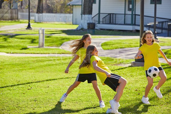 Friend girls teens playing football soccer in a park Stock photo © lunamarina