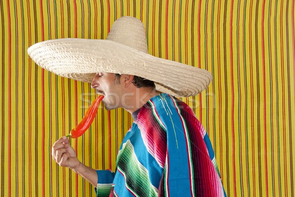Chili hot pepper Mexican man typical poncho serape Stock photo © lunamarina