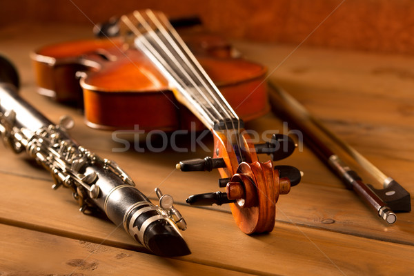 Classic music violin and clarinet in vintage wood Stock photo © lunamarina