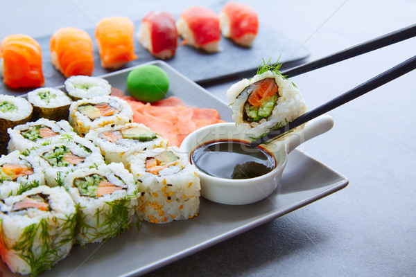 Sushi Maki and Niguiri soy sauce and wasabi Stock photo © lunamarina