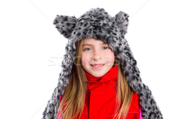 blond kid girl with winter gray feline fur scarf hat in white Stock photo © lunamarina