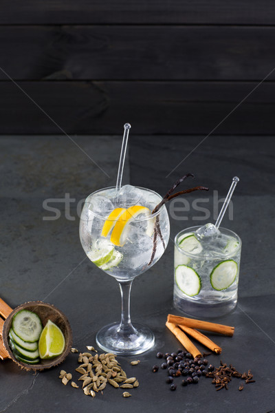 Gin cocktail lima multe condimente castravete Imagine de stoc © lunamarina