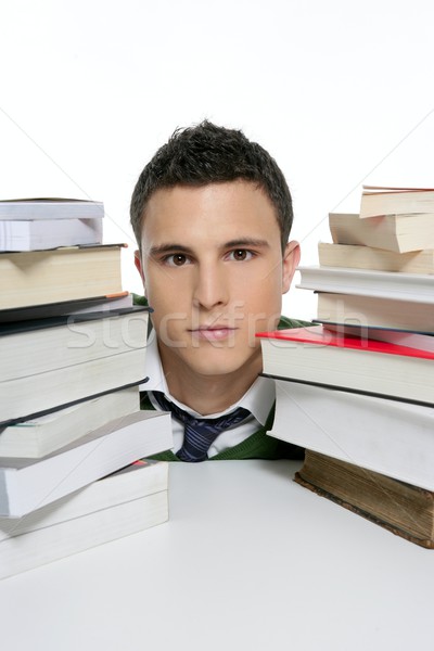 Stock fotó: Fiatal · boldogtalan · diák · egymásra · pakolva · könyvek · házi · feladat