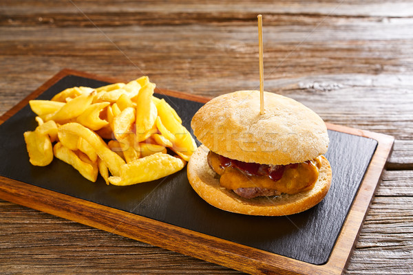 Foto stock: Batatas · fritas · mesa · de · madeira · tabela · conselho · bife