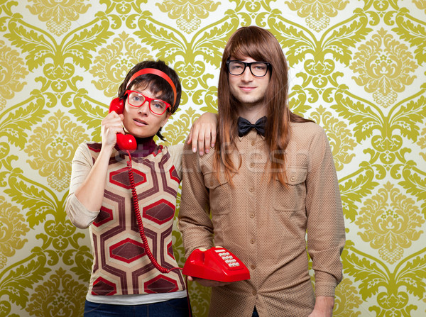 nerd humor couple talking vintage red phone Stock photo © lunamarina