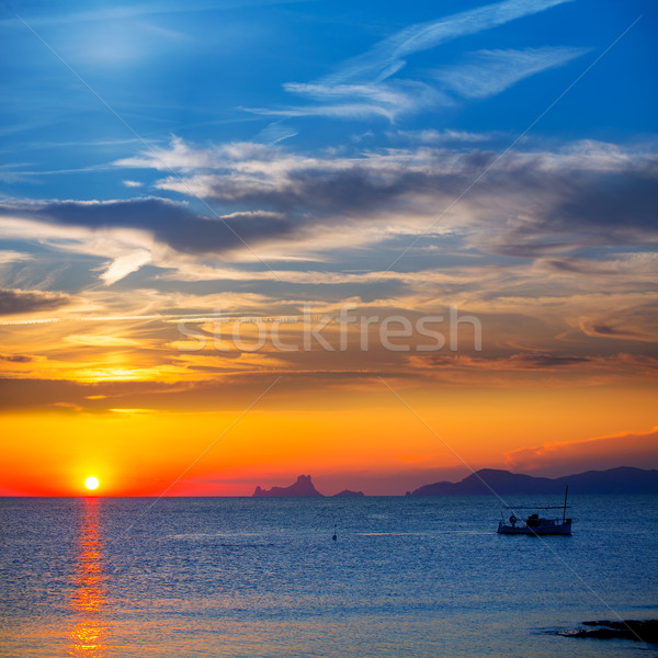 Ibiza sunset Es Vedra view and fisherboat formentera Stock photo © lunamarina