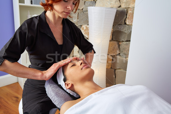 Foto d'archivio: Testa · massaggio · donna · collo · mani · faccia