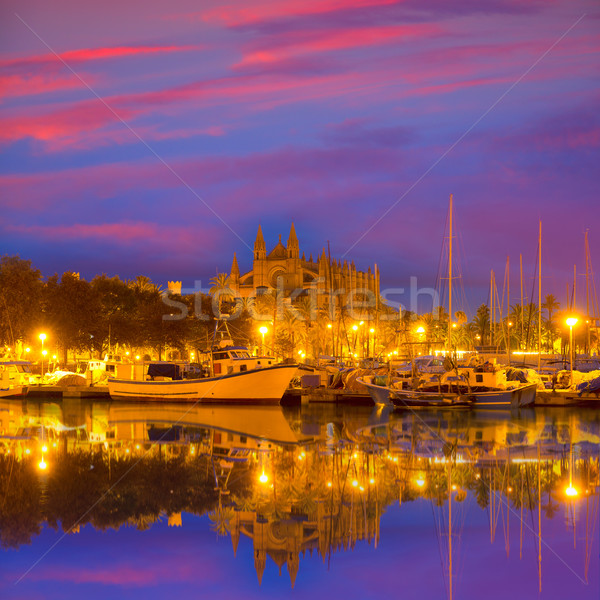 Palma de Mallorca sunrise with Cathedral and port Stock photo © lunamarina