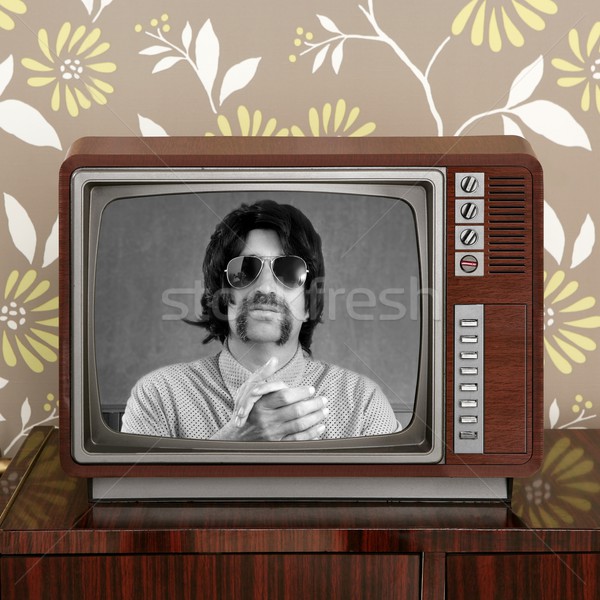 geek mustache tv presenter in retro wood television Stock photo © lunamarina