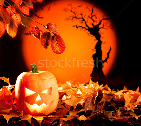 Halloween naranja calabaza hojas de otoño linterna fiesta Foto stock © lunamarina