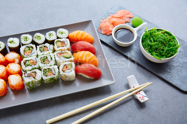 Sushi Maki and Niguiri soy sauce and wasabi Stock photo © lunamarina