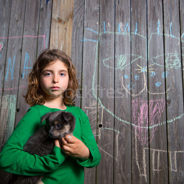 children girl holding puppy dog on backyard wood fence  Stock photo © lunamarina