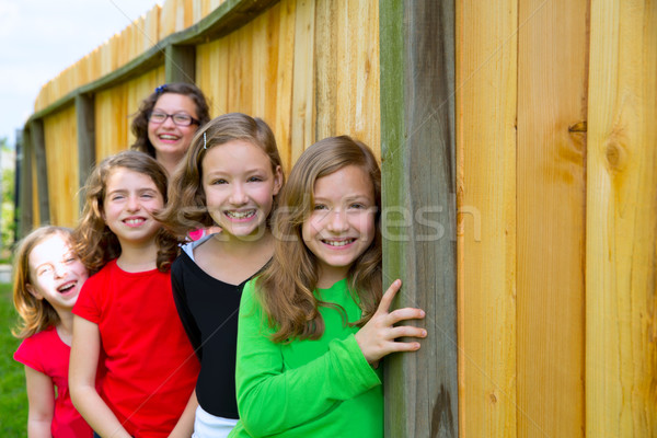 Grils group in a row smiling in a wooden fence Stock photo © lunamarina