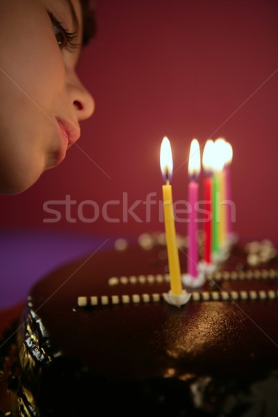 Little girl blowing birthday chocolate cake candles Stock photo © lunamarina