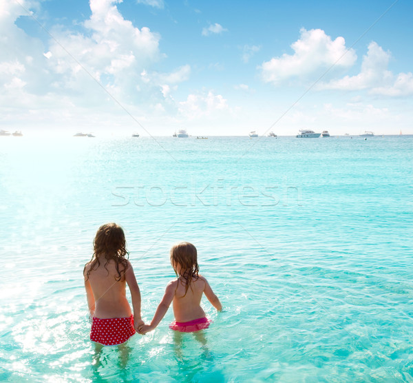 孩子 女孩 後視圖 海灘 日落 看 商業照片 © lunamarina