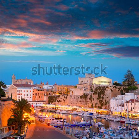 Ciutadella Menorca marina Port sunset town hall and cathedral Stock photo © lunamarina