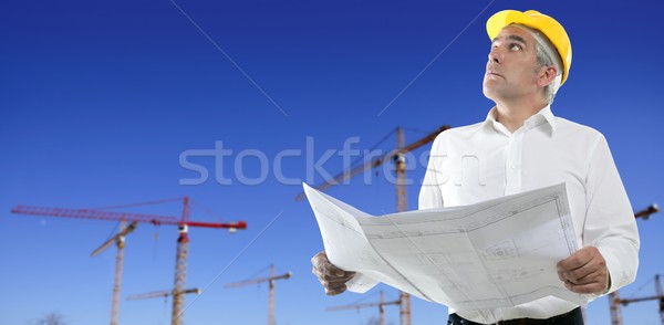 Stock fotó: építész · mérnök · terv · építkezés · kék · ég · citromsárga