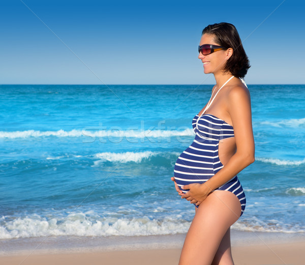 Stockfoto: Mooie · zwangere · vrouw · lopen · Blauw · strand · zomervakantie