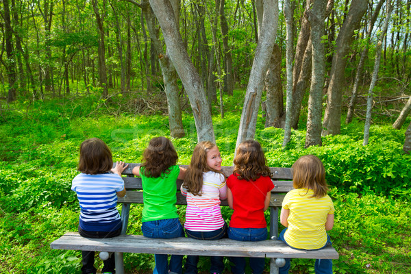 Children sister and friend girls sitting on forest park bench Stock photo © lunamarina