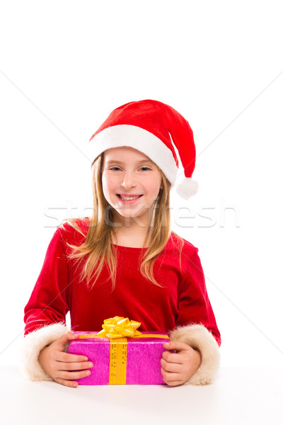 Christmas Santa kid girl happy excited with ribbon gift Stock photo © lunamarina