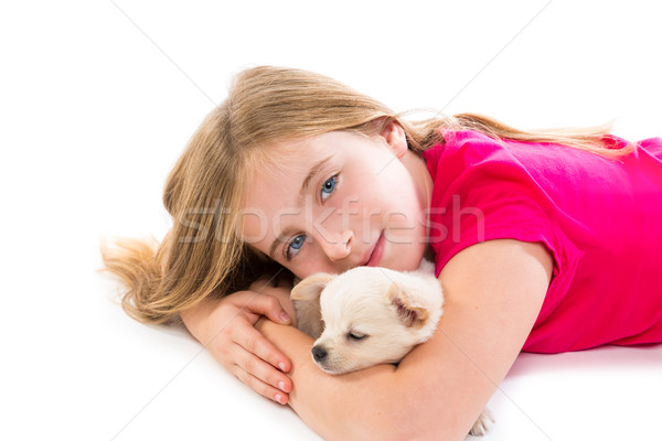 Foto stock: Loiro · criança · menina · cachorro · animal · de · estimação · cão