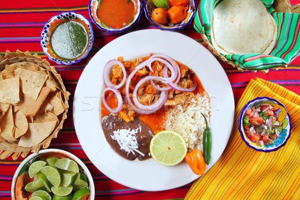 Stock photo: fajitas mexican food with rice frijoles chili sauce