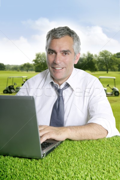 Senior zakenman golfbaan computer groen gras werken Stockfoto © lunamarina