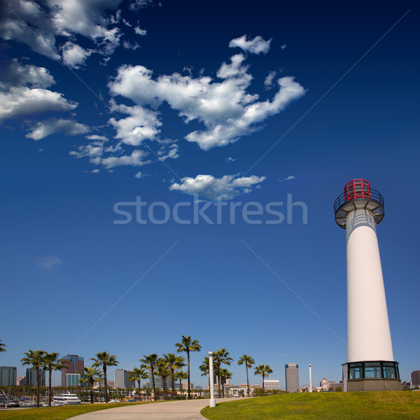 Stock foto: Long · Beach · Kalifornien · Skyline · Leuchtturm · Palmen · Wasser