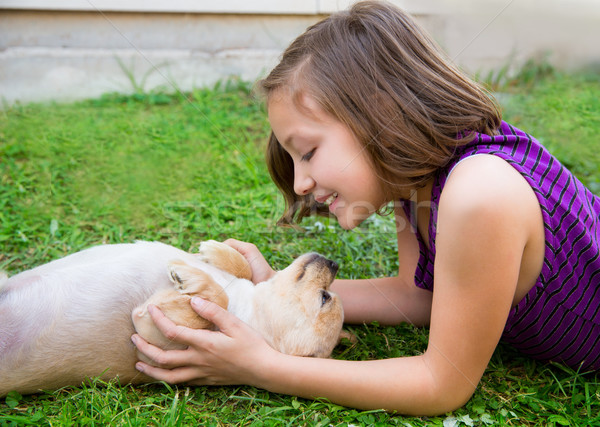 Foto d'archivio: Bambini · ragazza · giocare · cane · prato