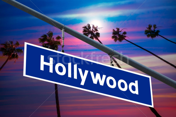 Hollywood California road sign on redlight with pam trees  photo Stock photo © lunamarina