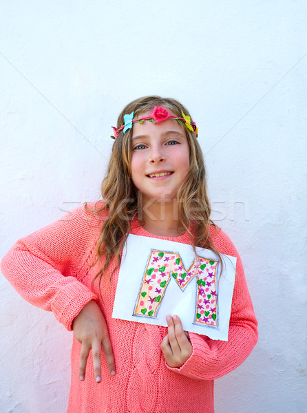 Blond kid girl painted M letter deaf alphabet  Stock photo © lunamarina