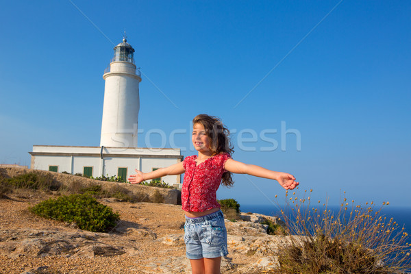 blue day with kid girl open hands to the wind Stock photo © lunamarina