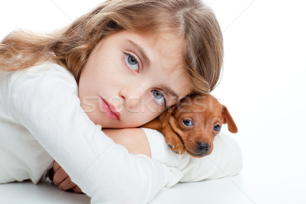 brunette kid girl with mini pinscher pet mascot dog Stock photo © lunamarina