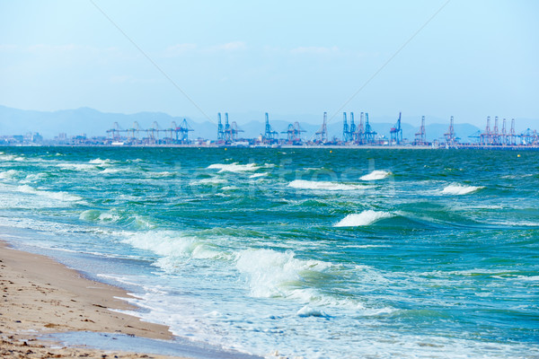 Valencia plajă port vedere Spania apus Imagine de stoc © lunamarina