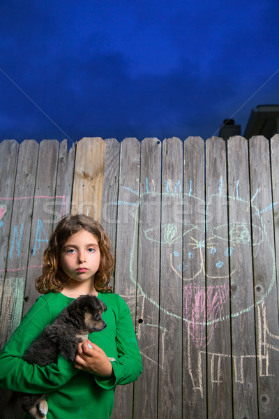 Stock photo: children girl holding puppy dog on backyard wood fence 