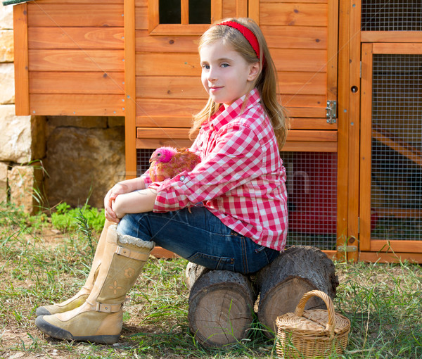 breeder hens kid girl rancher farmer with chicks in chicken coop Stock photo © lunamarina