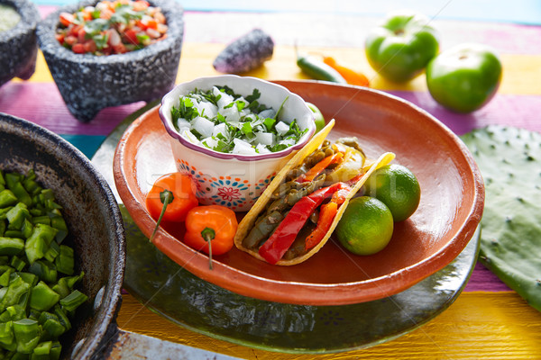 Stockfoto: Taco · mexicaans · eten · ingrediënten · kleurrijk · tabel
