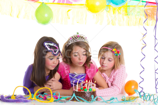 Stockfoto: Kinderen · gelukkig · meisjes · verjaardagsfeest · cake