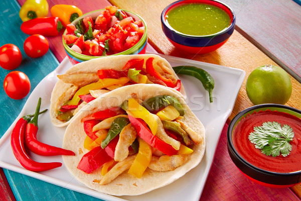 Stock photo: Chicken fajitas tacos mexican food guacamole chili