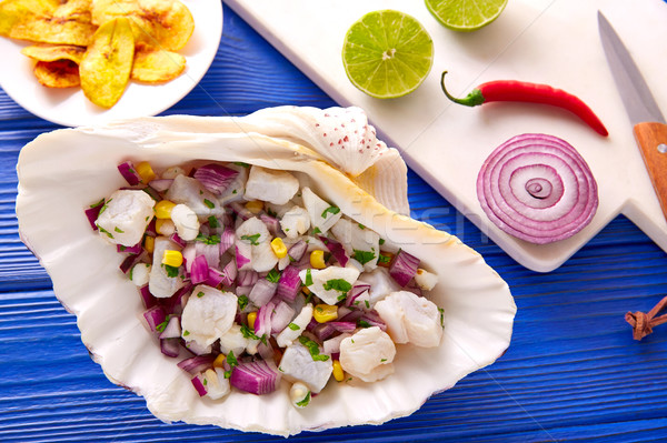 Ceviche peruvian recipe with fried banana Stock photo © lunamarina