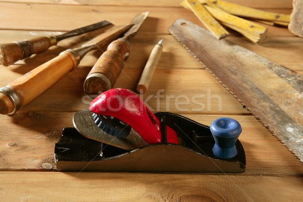 Stock photo: carpenter tools saw hammer wood tape plane gouge