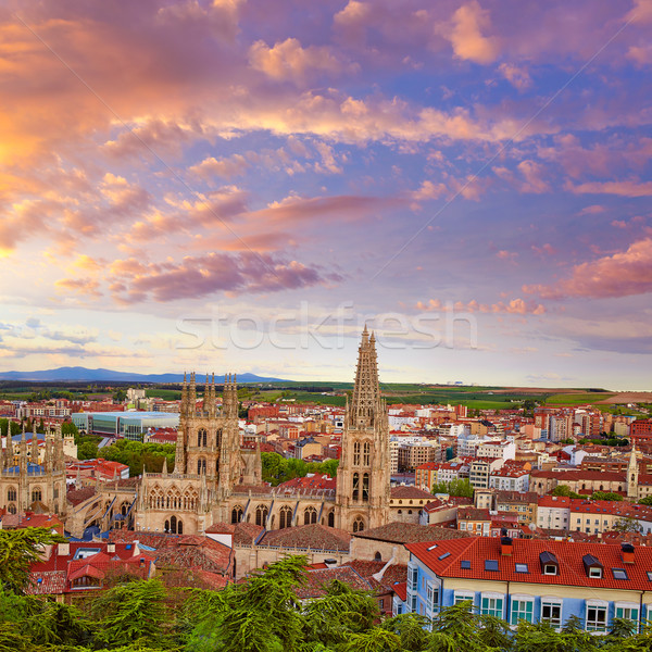 Burgos aerial view skyline sunset with Cathedral Stock photo © lunamarina